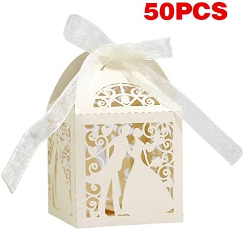 IKASUS LASER CUT FAVER BOXES 50 PCS מעדיף לחתונה קופסאות ממתקים עם סרטים אוהבי רומנטיים קישוט קנדי ​​קופסת קופסאות קופסאות קופסאות מתנה קופסאות נוכחות קופסאות DIY קופסאות ממתקים לחתונה מסיבת יום הולדת