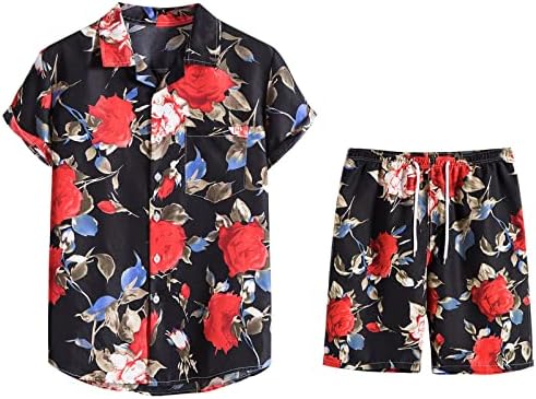 גברים כפתור פניות מזדמנים קרדיגן הוואי בסגנון הדפסת חולצה של חוף שרוול קצר ומערכות מכנסיים קצרים