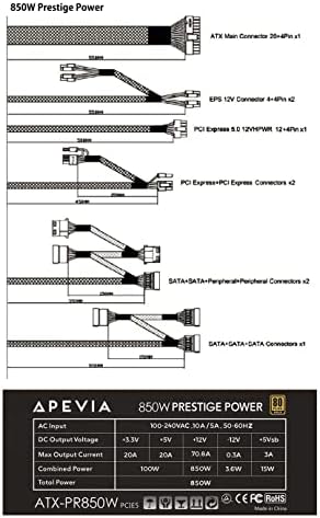 APEVIA ATX-PR850W PCIE 5.0 PRESTIGE 850W 80+ אישור זהב, PCIE 5.0 / GEN 5 12VHPWR מחבר, תאימות ROHS, Active PFC ATX Appluce Suppet