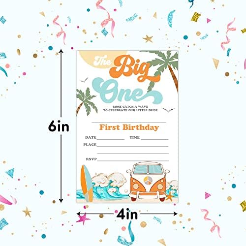 כרטיסי הזמנות ליום הולדת עם מעטפות סט של 20 - רטרו גלישה ואן גלשן חוף הזמנות למסיבת יום הולדת לילדים, בנים או בנות, חגיגת מסיבות לילדים, ציוד/Bday046