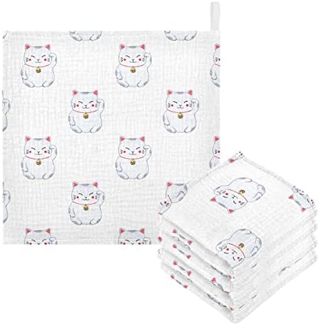 VVFELIXL מטליות לתינוקות כותנה חתול מזל חתול תינוקות כביסה יפנית מגבת פנים רכה יפנית לתינוקות יילודים מגבונים לתינוקות, 11.8 x 11.8 אינץ ', 5 חבילה לבנה