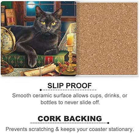 שחור חתול תחתיות עבור משקאות כיכר לשתות תחתיות שולחן תחתיות סט כוס מחצלות עם פקק בסיס 6 יחידות