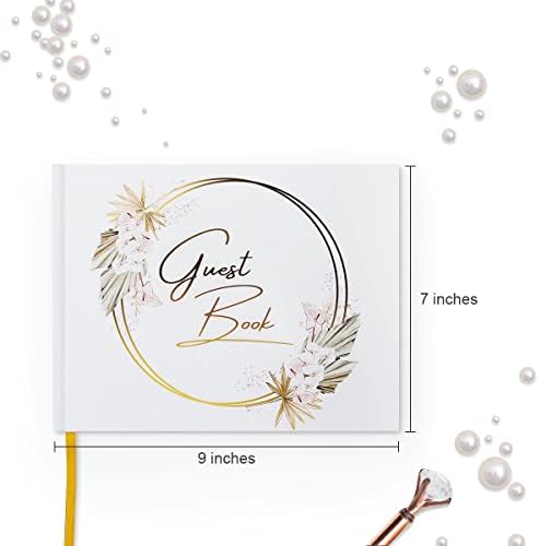 ספר אורחים לחתונה פוסו-120 עמודים ספר אורחים קבלת פנים לחתונה-ספר חתונה בוהו לבן עם עיצוב פרחי סחלב ונייר זהב מובלט
