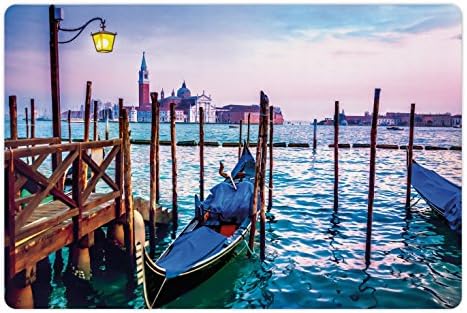 אמבסון ונציה לחיות מחמד מחצלת עבור מזון ומים, חלומי ערב נוף של מפורסם איטלקי עיר ארכיטקטורת מים וגונדולות, מלבן החלקה גומי מחצלת לכלבים וחתולים, לילך כחול חום