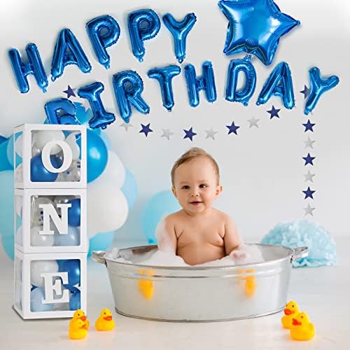 רובפאק 88 יחידות קישוטי יום הולדת ראשונים לילד קופסאות אחת כחול כסף ולבן בלונים רדיד בלון תליית מערבולות למסיבת יום הולדת 1 לתינוק