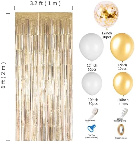 Joyypop Goht Ballon Gold Gland Kit עם וילון טינסל זהב בלוני זהב לבן למסיבת יום הולדת לבנה וזהב זהב