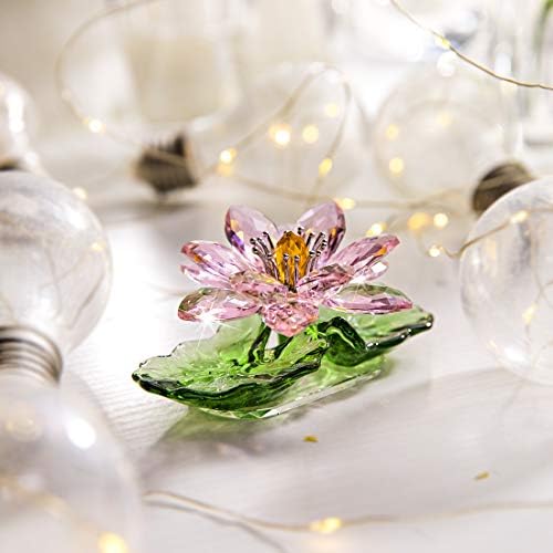 H&D Hyaline & Dora Pink Sparkle Crystal Hue השתקפות פרח לוטוס קריסטל, עיצוב בית זכוכית לפנג שואי, קופסא מתנה