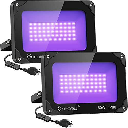 ONFORU 2 חבילה 100W RGBW LED LED LIGHT LIGHT ו- 2 חבילה 50W LED אורות שחורים עם תקע ומתג, צבע חכם משתנים זרקורים עם בקרת אפליקציות, IP66 אטום למים לבמה, מסיבת יום הולדת, חתונה