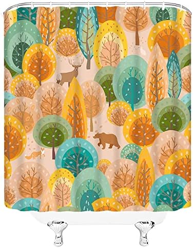 Srauyst וילון מקלחת יער כפרי מצויר צבעוני חמוד קריקטורה עץ עץ עץ שועל צבי דוב שועל מצחיק שביל יער