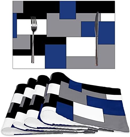 כחול אפור שחור לבן מפיות סט של 4, גיאומטרי כיכר שולחן מקום מחצלות עמיד למים יוטה רחיץ אוכל מפיות לבית מטבח קישוטים
