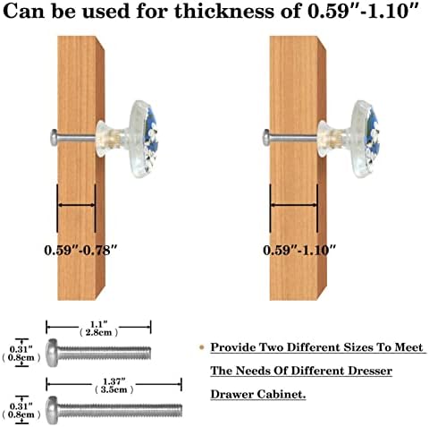 GUEROTKR 4 PCS, ידיות ארונות שקופות, ידיות ארונות, ידיות שידות, ידיות לארונות ומגירות, דפוס כחול פרח מגנוליה לבן