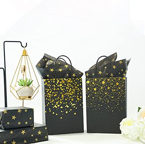 שקיות מתנת זהב שחור קטן 24 יחידות שקיות נייר מסיבה עם נייר טישו כוכב לשנה החדשה, יום הולדת, חתונה, כלה, מקלחת תינוק, ספקי צד שחור וזהב