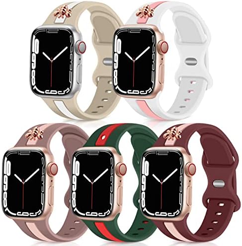 5 רצועות ספורט מעצבות חבילות תואמות להקת Apple Watch 38 ממ 40 ממ 44 ממ 45 ממ 49 ממ נשים, קישוט דבורים נושם סיליקון להחלפת שורש כף יד לסדרת IWatch 8 7 6 5 4 3 2 1 SE ורוד-לבן -38