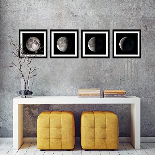 Englant - 4 יצירות ממוסגרות שלבי ירח באמנות קיר בד, עיצוב קיר בחדר שינה שחור ולבן, יצירות אמנות של חלל ג'יקלה מופשטות עם מטען ואיטום פאנל אקרילי, לקישוט הבית והמשרד