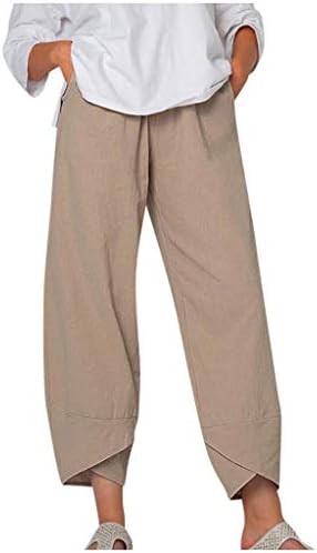 מכנסי פשתן כותנה לנשים מותניים אלסטיים קיץ רחב מכנסי חוף רגליים רגועות מכנסי טרנינג מוטות מזדמנים עם כיסים