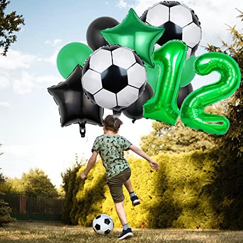 סט בלון כדורגל סט קישוט ליום הולדת 12 ירוק מספר 12 נייר כסף בלון כדורגל קישוט בלון בלוני כוכב שחור לילדים לילדים מסיבת יום הולדת למסיבת כדורגל קישוט -12 בלונים