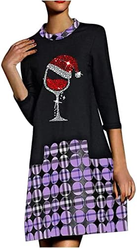 ארוך שרוול טוניקת שמלה לנשים חג המולד טרנדי אדום יין זכוכית גרפי שמלת צבע בלוק רופף נדנדה שמלות