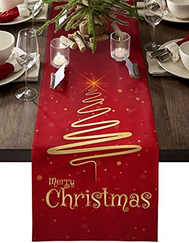רצי שולחן לילמה עץ חג המולד שמח, רץ לחתונה/קפה, בד פשתן בסגנון בית חווה למסיבת חג אוכל תפאורה חיצונית מקורה, עמיד בחום, אדום, 13 על 90 אינץ