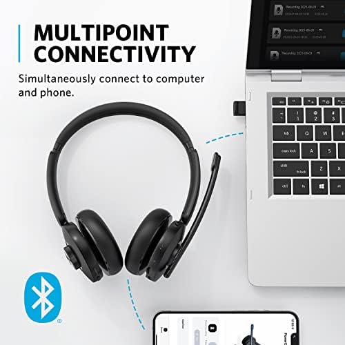 Anker PowerConf H500 עם עמדת טעינה, אוזניות אוזניים כפולות Bluetooth עם מיקרופון, הקלטת שמע ופגישה עם תעתיק, שיחות משופרות AI