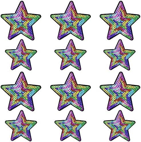 Weenkeey 12 PCS טלאי נצנצים כוכבים חמישה כוכבים מחודדים תפור על אפליקציות טלאים רקומים של צורת כוכב לליד