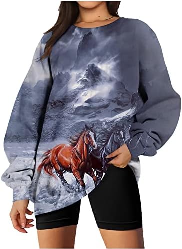 סווטשירט גדול לנשים צווארון עגול שרוול ארוך בציר מערבי קאובוי סוודר 3 ד הדפסת סוס גרפי רופף חולצות