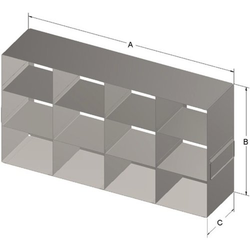 אלקלי מדעי בעל קיבולת 12 קופסאות זקופה לקופסאות סטנדרטיות בגודל 5.25 על 5.25 על 3.75 אינץ', נירוסטה, עם ידיות.