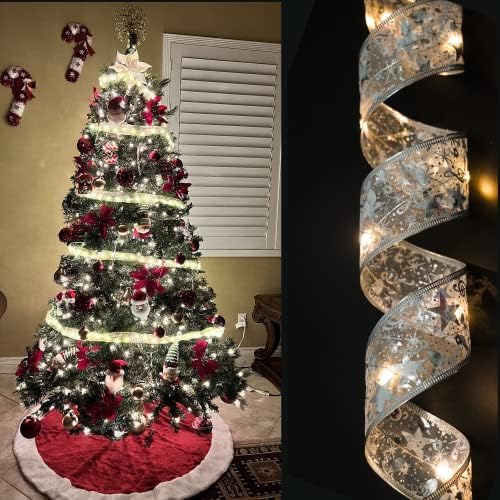 אורות סרט ביתי לעץ חג המולד 32.8 רגל עם 100 לד, קישוטי סרט מוארים לחג המולד המופעלים באמצעות סוללה אישור לעץ עם טיימרים, עיצוב סרטים נדלק למדרגות מעטפת עץ