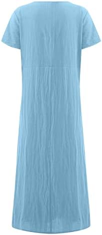 שמלות לנשים 2023, קיץ לנשים צבע מזדמן בצבע אחיד שורר קצר צוואר תפור כיס רופף שמלת פשתן כותנה