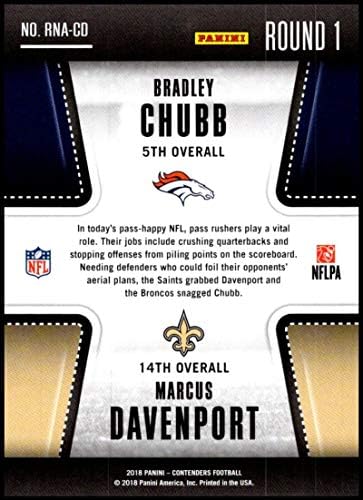 2018 מתמודדים של פאניני מספרים עגולים RNA-CD Bradley Chubb/Marcus Davenport Denver Broncos/New Orleans Saints RC טירון NFL כרטיס מסחר בכדורגל