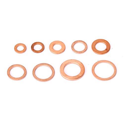 HILITAND 200 PCS/SET M5-M14 Washers נחושת מוצקה טבעת שטוחה מגוונת מגוונת חומרה מקצועית בתיבה