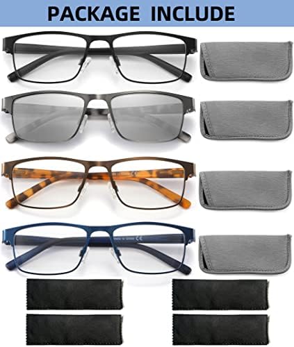 דילי ראיית 4 חבילה קריאת משקפיים לגברים כחול אור חסימת מתכת מלא מסגרת קוראי עם אביב צירים כולל קוראי שמש, להפחית לחץ בעיניים