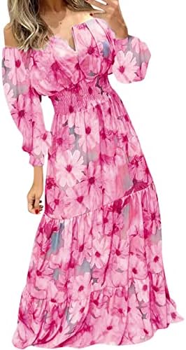 נשים בוהו שרוול ארוך נגד צוואר הדפסת פרח פרוע שכבתי שמלת שמלת מקסי עניבה מותניים זורמת שרוול ארוך שמלת חולצה