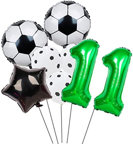 בלוני כדורגל Shikuer קבעו קישוט ליום הולדת 11 32 '' מספר 11 בלון נייר כסף ירוק כוכב שחור לילדים לילדים נערים שנה מסיבת שנה