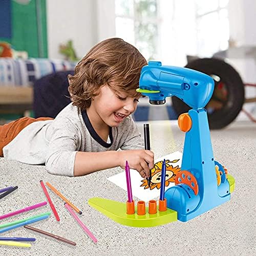 לילדים צעצוע של רישום רישום של מונטסורי מונטסורי, צעצוע של מכונת רישום, רישום חכם, עם 32 דפוסי קריקטורה שקופיות ו -12 מברשת צבע, גודל תבנית מתכווננת, מתאים לילדים ללמוד לצייר ולשרטט