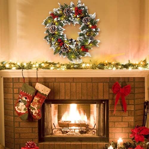 זר חג המולד לקישוטים של דלתות קדושות קישודים עם חרוטים אורנים אדומים של פירות יער וכו'- עם וו ו 50 אורות חג מולד LED לאח, קירות- זר עץ חג המולד חיצוני -18 אינץ '