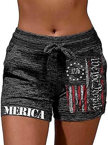 LLHXRUI דגל אמריקאי שרוך מכנסיים קצרים לנשים WE The People 1776 מכנסיים קצרים 4 ביולי מכנסיים קצרים אלסטיים מזדמנים פטריוטיים